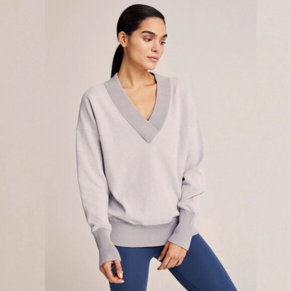 Varley Gray Gower Oversized V-Neck Knit Sweater Varsity Ribbed Preppy Tennis XS - Picture 2 of 10